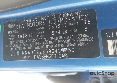 2009 Kia Rio Lx из США, поврежденный, VIN KNADE223596456850